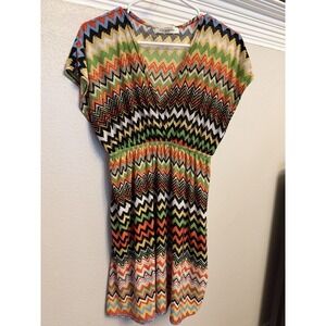 646 Main Dress Womens Size S/M Short Sleeve Gold Multi Color V Neck Elastic